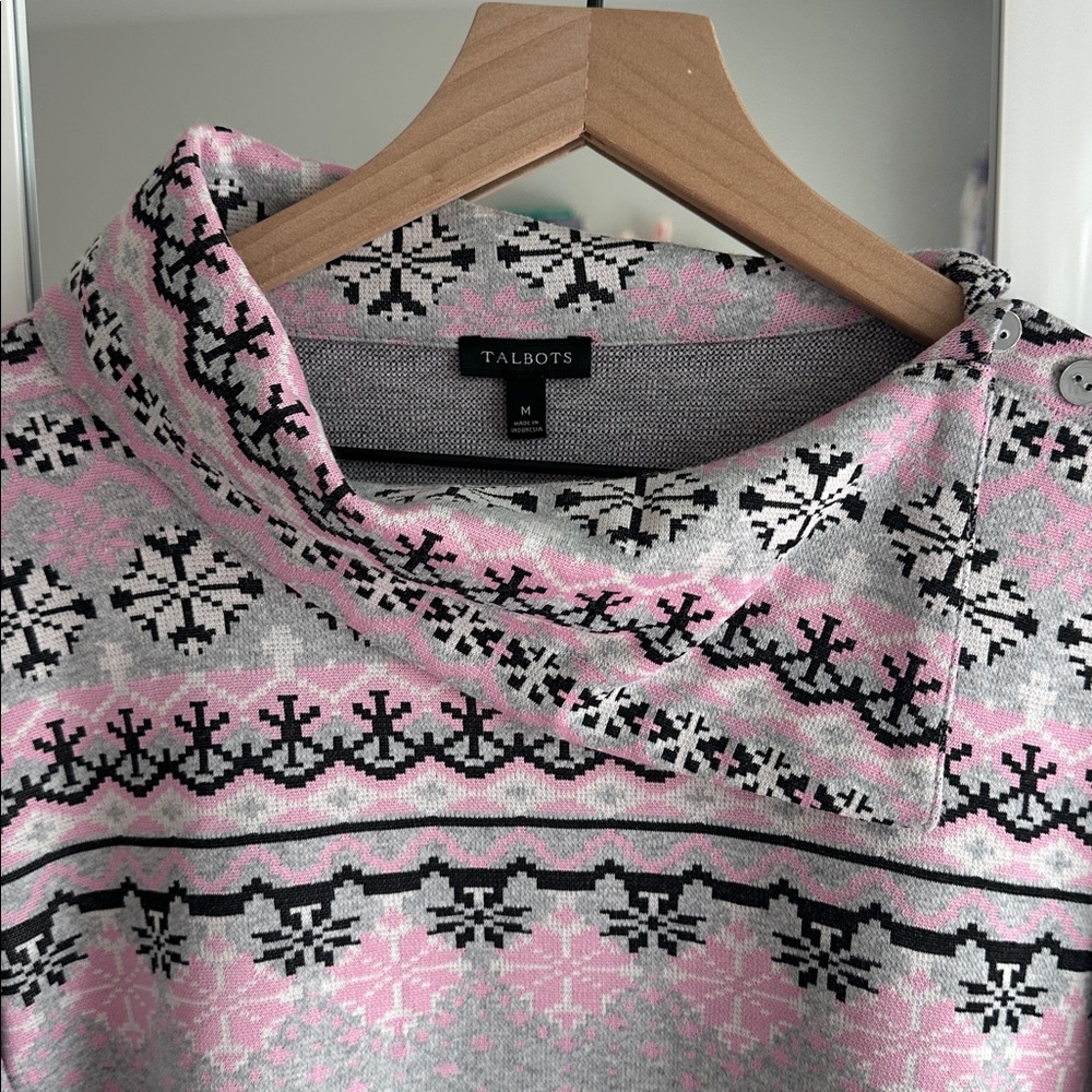 Talbots Button Shoulder Fair Isle Pullover Long Sleeves Pink size M - Picture 3 of 8